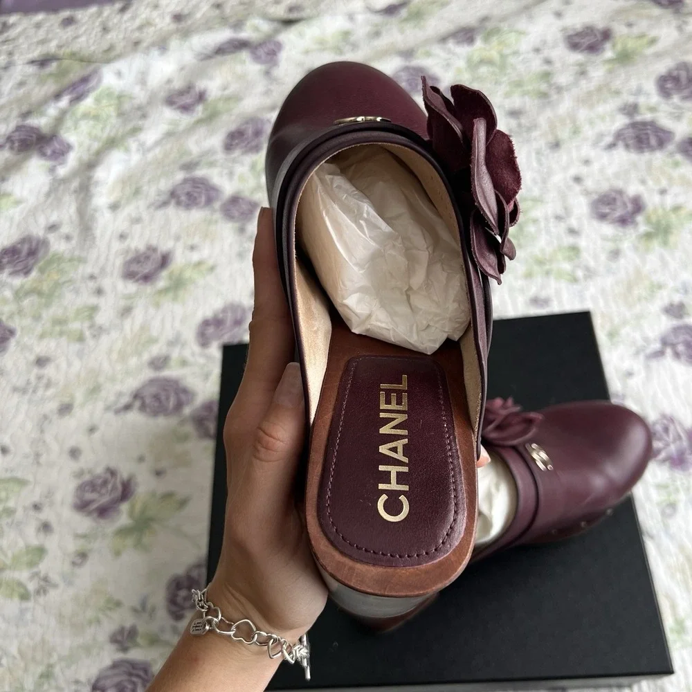 Chanel Burgundy Leather Camellia Flower Studded Platform Clogs 2023 IT 40